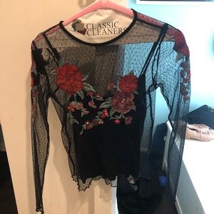 Mesh See-Through Flower Print Top with Black Tank